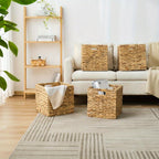 Water Hyacinth Wicker Storage Basket Set 2 or 4 Pack Square Woven Rattan Baskets for Shelves Towels Magazines Kitchen Organization Natural Boho Shelf Bin
