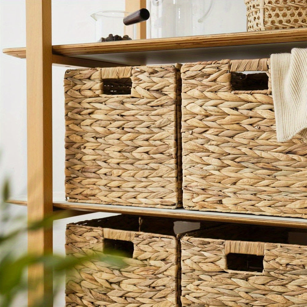 Water Hyacinth Wicker Storage Basket Set 2 or 4 Pack Square Woven Rattan Baskets for Shelves Towels Magazines Kitchen Organization Natural Boho Shelf Bin
