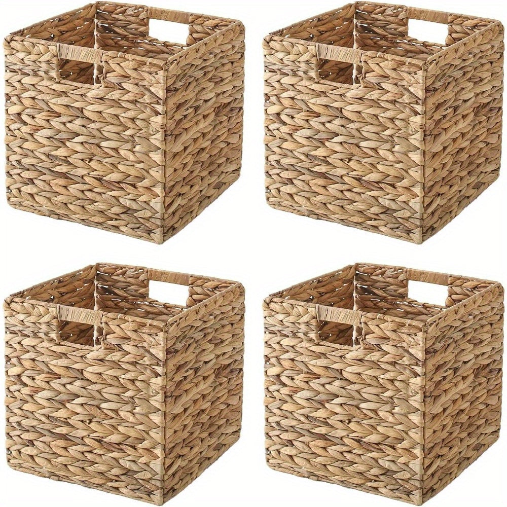 Water Hyacinth Wicker Storage Basket Set 2 or 4 Pack Square Woven Rattan Baskets for Shelves Towels Magazines Kitchen Organization Natural Boho Shelf Bin