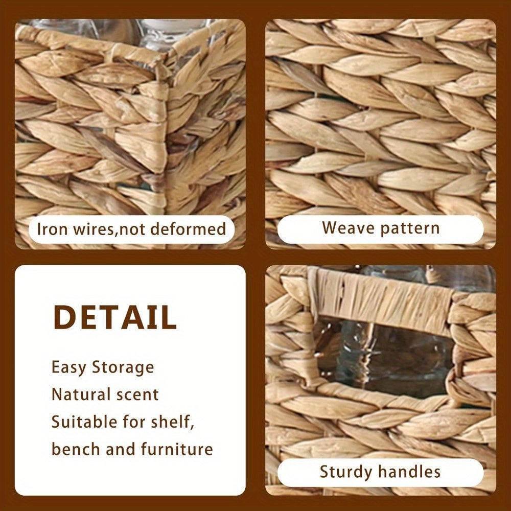 Water Hyacinth Wicker Storage Basket Set 2 or 4 Pack Square Woven Rattan Baskets for Shelves Towels Magazines Kitchen Organization Natural Boho Shelf Bin