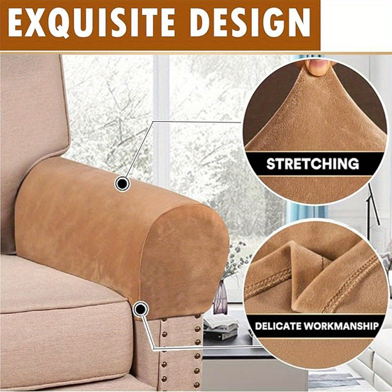 Stretch Armrest Covers for Sofa & Chairs 2-Piece Set – Spandex Velvet Elastic Plaid Armchair Slipcovers for Couch, Recliner & Living Room, Arm Covers for Furniture Protection