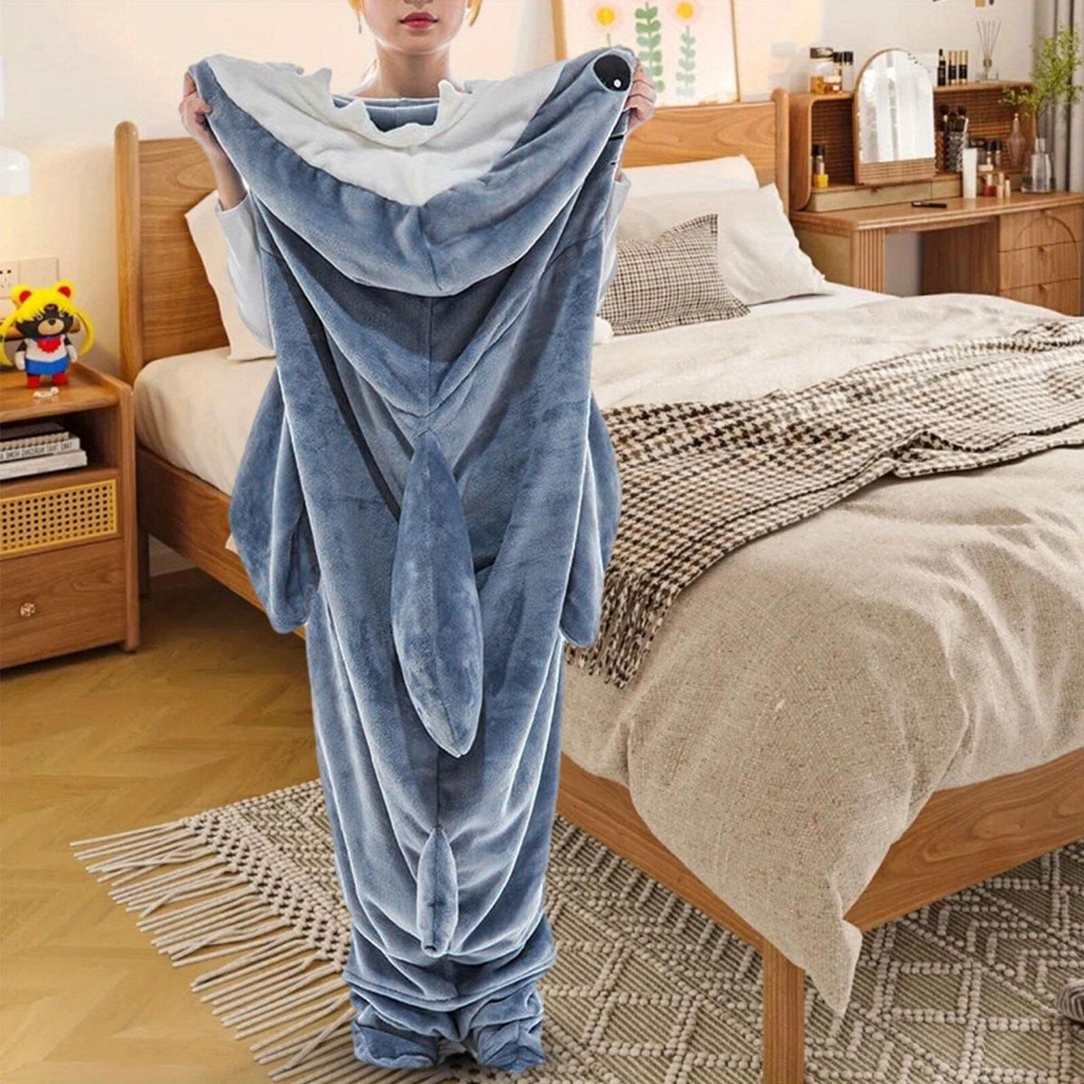 Wearable Shark Blanket – Soft Flannel Hooded Full-Body Onesie Pajama Blanket, Machine Washable, Funny Gift for Kids & Adults