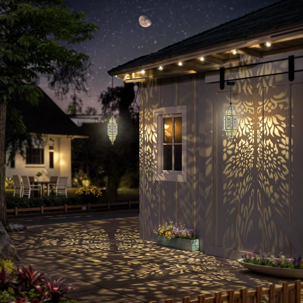 Solar Moroccan Lanterns Outdoor Set of 2 – Multicolor IP54 Waterproof Hanging Lights with Cut-Out Design for Garden, Patio, Pathway & Halloween Decor, Auto Dusk-to-Dawn Sensing