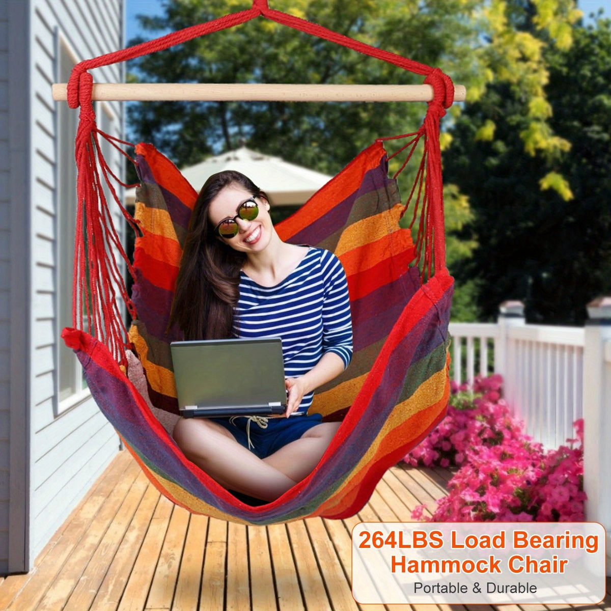 Hammock Chair with Stand Included Hanging Swing Chair Soft Non-Woven Fabric Seat for Indoor Outdoor Patio Backyard Relaxation Blue Red