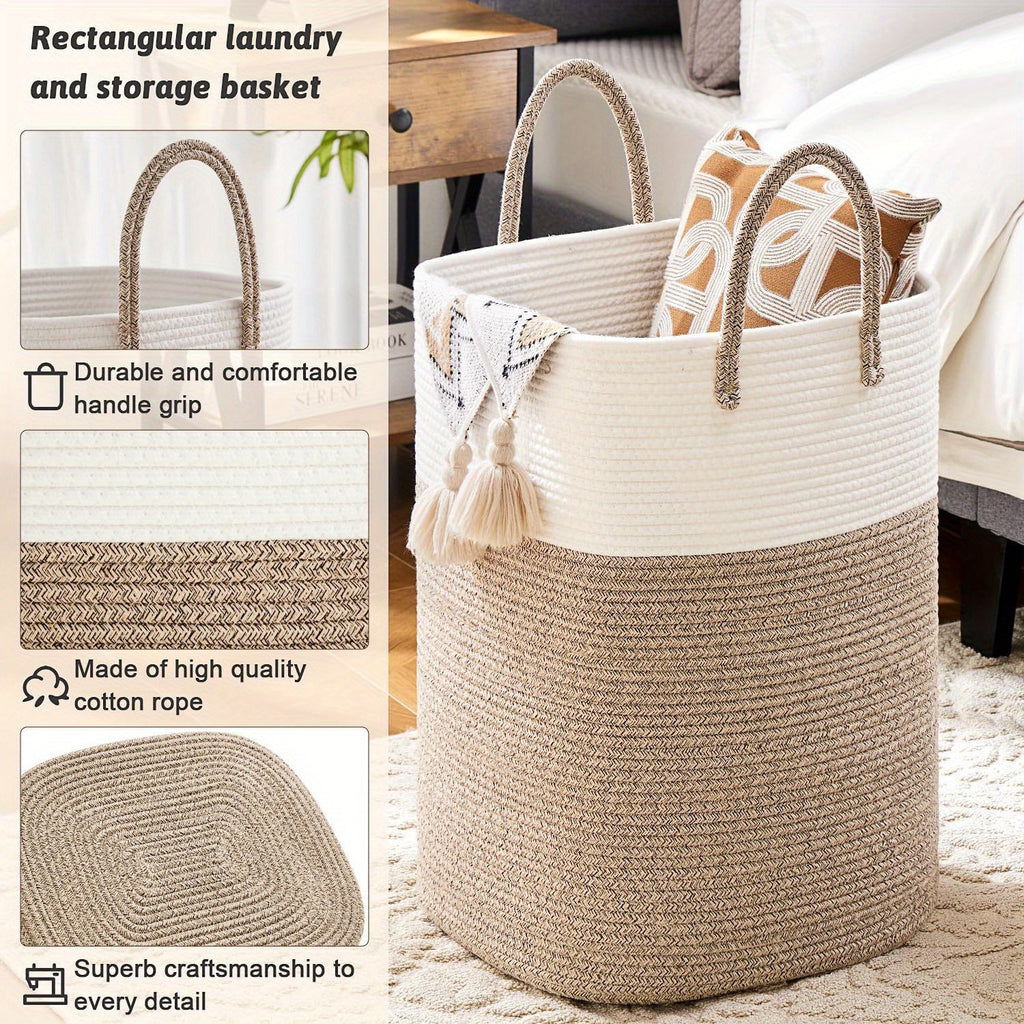 Woven Cotton Rope Laundry Basket Jumbo Size 10.57–26.42 Gal, Multifunctional Storage Bin for Dirty Clothes Blankets Toys – Bathroom Living Room Bedroom Hamper, Bohemian Home Decor Laundry Organizer
