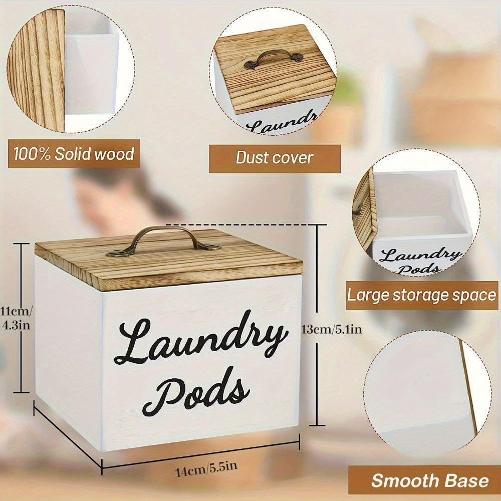 Wooden Laundry Pod Organizer Box Farmhouse Style – Multi-Purpose Storage for Dishwasher Pods, Softener & Bathroom Essentials, Black or White