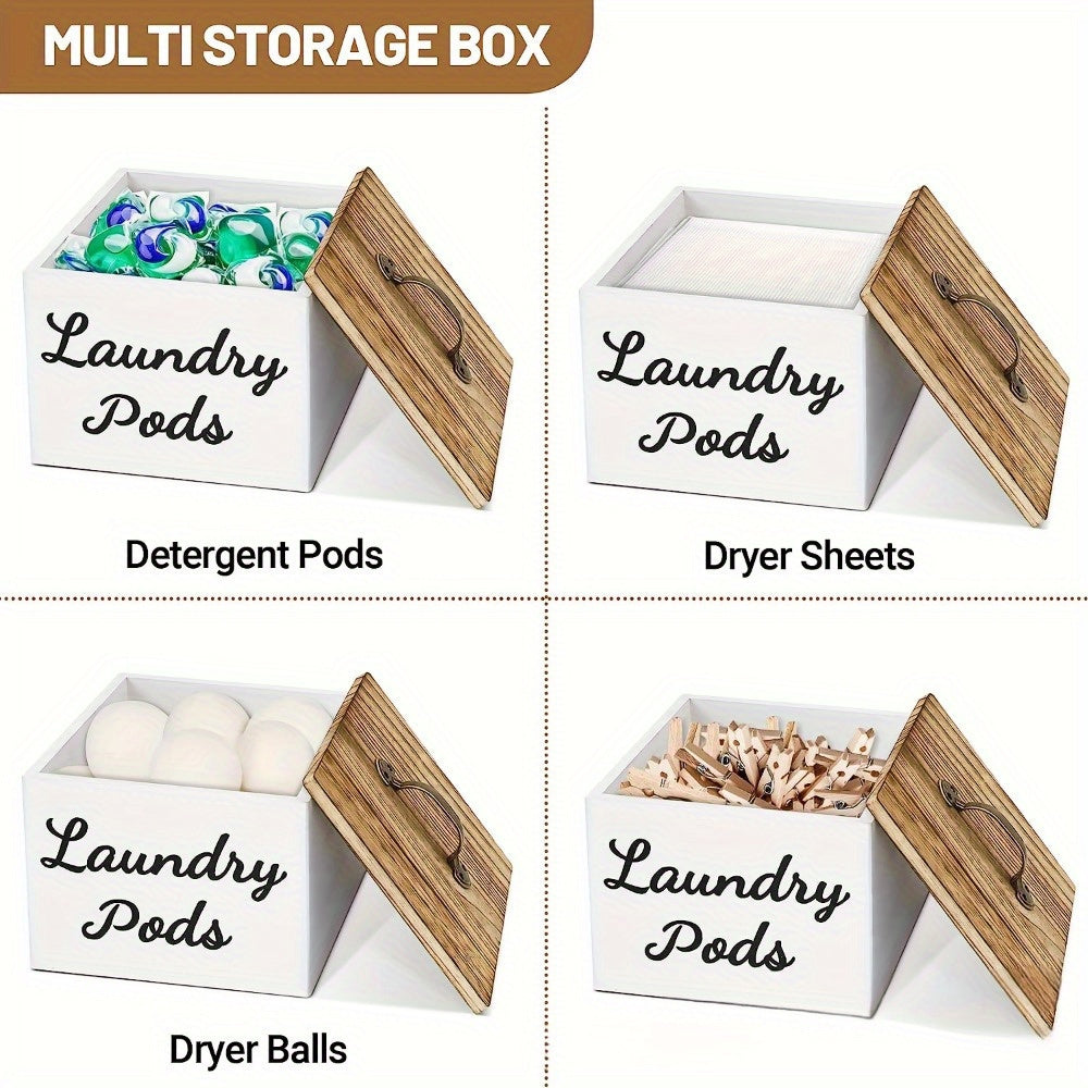 Wooden Laundry Pod Organizer Box Farmhouse Style – Multi-Purpose Storage for Dishwasher Pods, Softener & Bathroom Essentials, Black or White