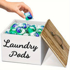 Wooden Laundry Pod Organizer Box Farmhouse Style – Multi-Purpose Storage for Dishwasher Pods, Softener & Bathroom Essentials, Black or White