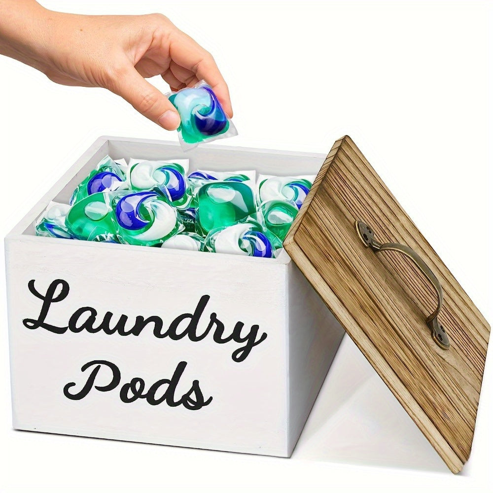 Wooden Laundry Pod Organizer Box Farmhouse Style – Multi-Purpose Storage for Dishwasher Pods, Softener & Bathroom Essentials, Black or White