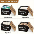 Wooden Laundry Pod Organizer Box Farmhouse Style – Multi-Purpose Storage for Dishwasher Pods, Softener & Bathroom Essentials, Black or White