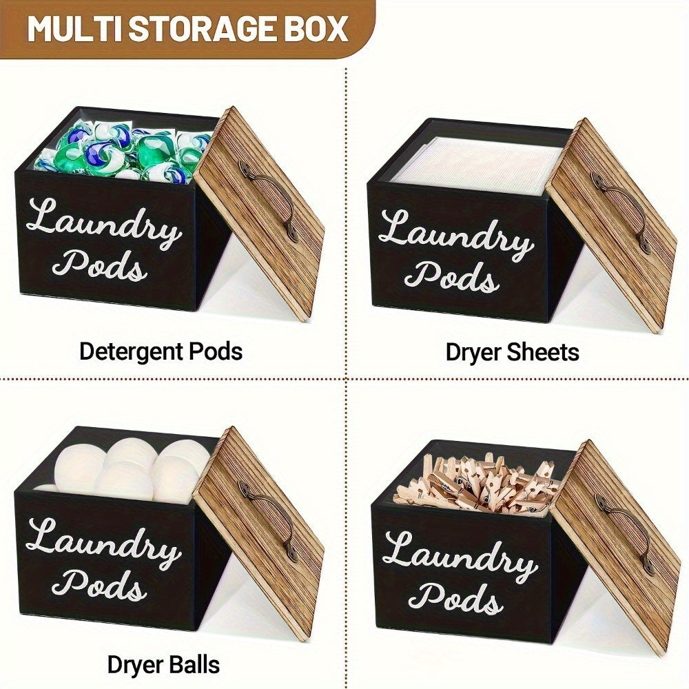 Wooden Laundry Pod Organizer Box Farmhouse Style – Multi-Purpose Storage for Dishwasher Pods, Softener & Bathroom Essentials, Black or White