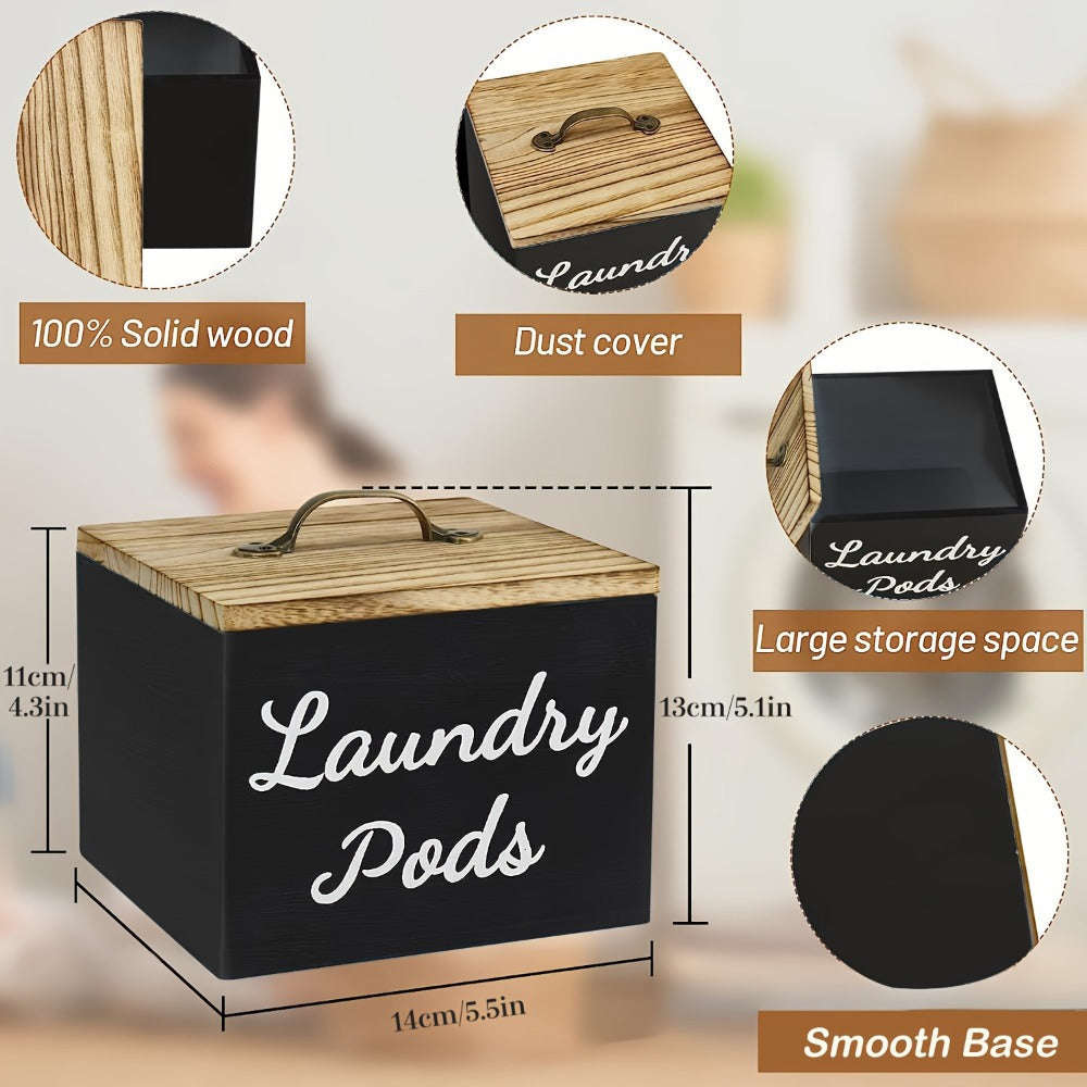 Wooden Laundry Pod Organizer Box Farmhouse Style – Multi-Purpose Storage for Dishwasher Pods, Softener & Bathroom Essentials, Black or White