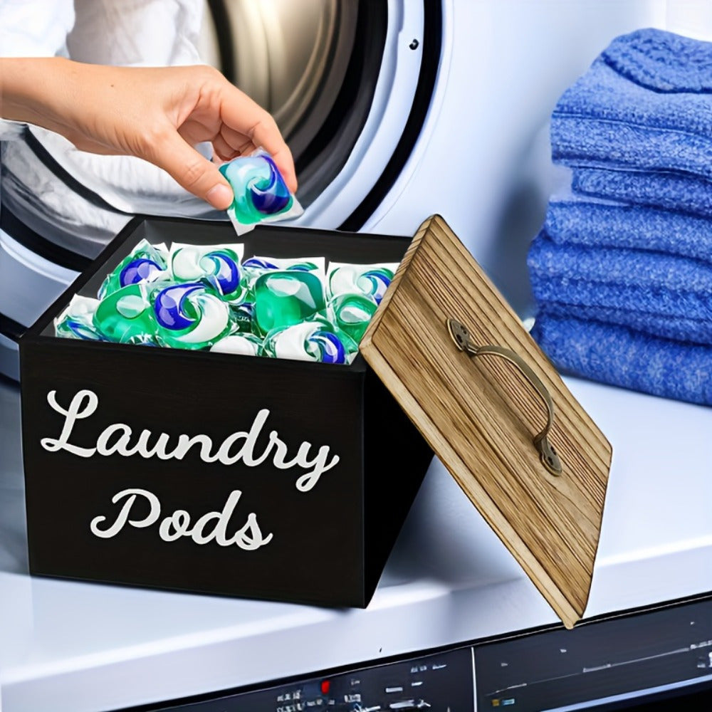 Wooden Laundry Pod Organizer Box Farmhouse Style – Multi-Purpose Storage for Dishwasher Pods, Softener & Bathroom Essentials, Black or White