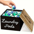 Wooden Laundry Pod Organizer Box Farmhouse Style – Multi-Purpose Storage for Dishwasher Pods, Softener & Bathroom Essentials, Black or White