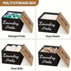 Wooden Laundry Pod Organizer Box Farmhouse Style – Multi-Purpose Storage for Dishwasher Pods, Softener & Bathroom Essentials, Black or White