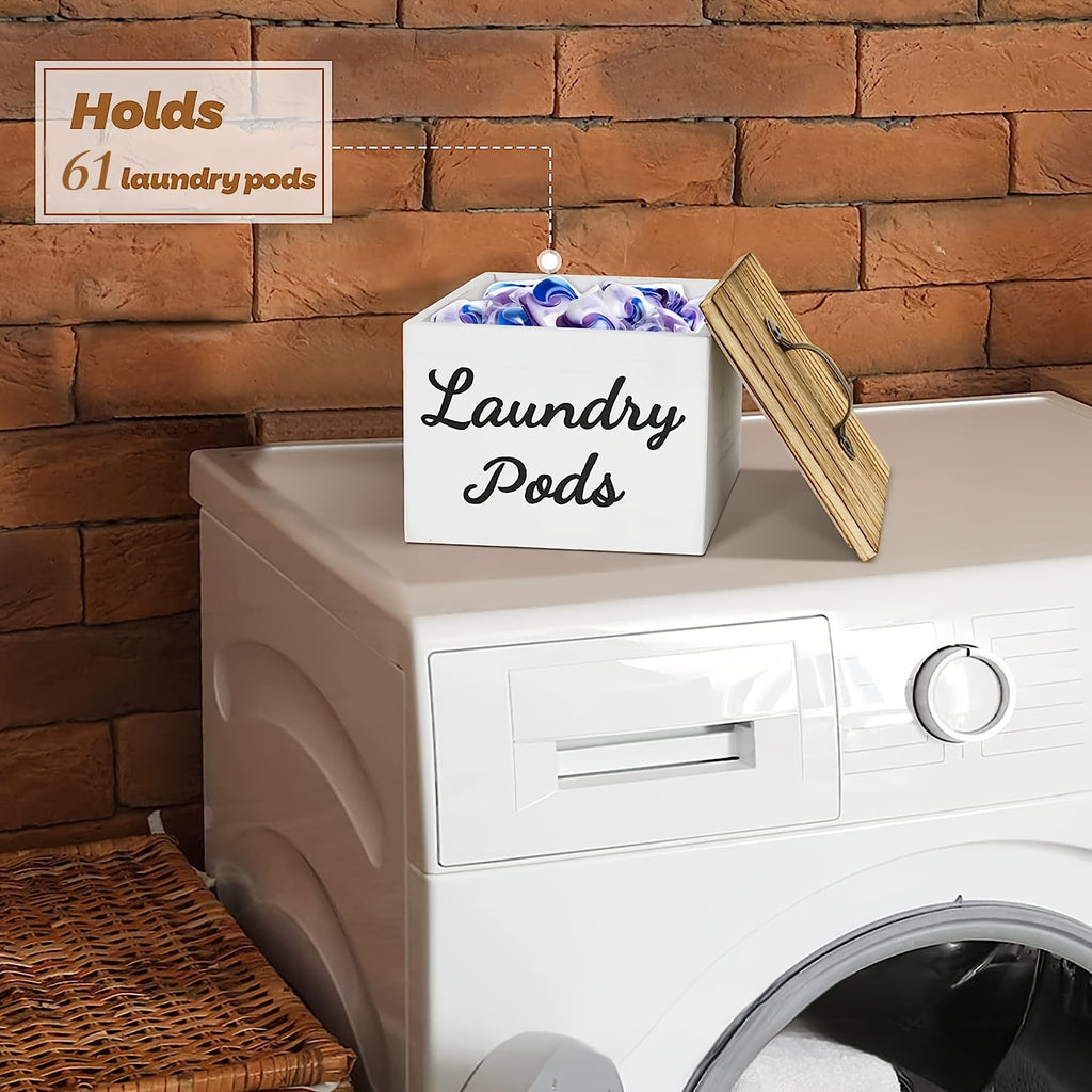 Wooden Laundry Pod Organizer Box Farmhouse Style – Multi-Purpose Storage for Dishwasher Pods, Softener & Bathroom Essentials, Black or White