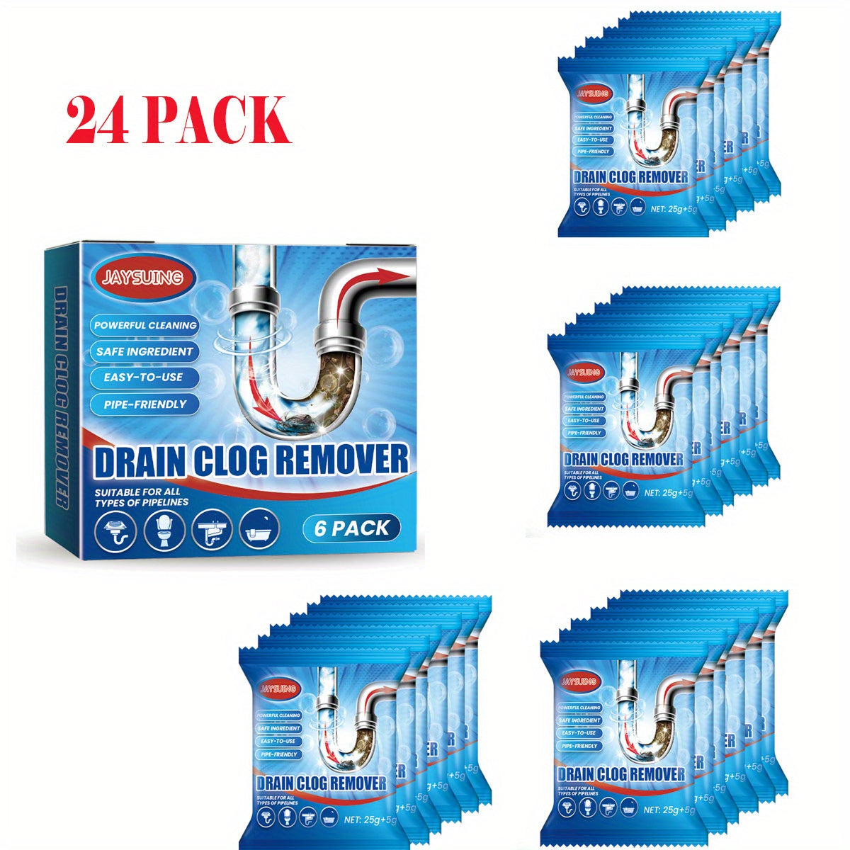 Drain Unblocker Powder Sachets 18 or 24-Pack – Powerful Blockage Removal, Dissolves Grease & Food Residue, Easy to Use, Prevents Clogging in Kitchen & Bathroom Drains