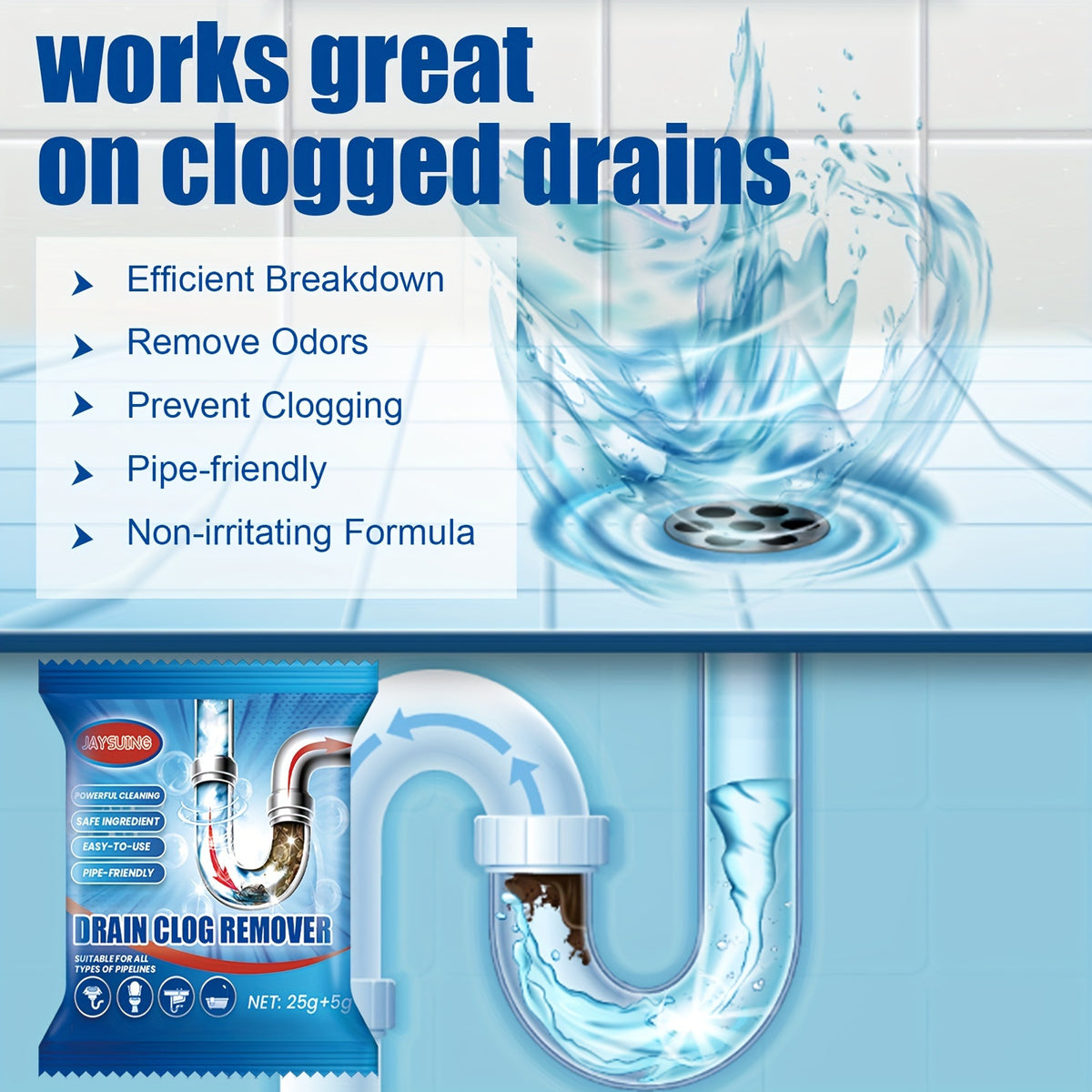 Drain Unblocker Powder Sachets 18 or 24-Pack – Powerful Blockage Removal, Dissolves Grease & Food Residue, Easy to Use, Prevents Clogging in Kitchen & Bathroom Drains