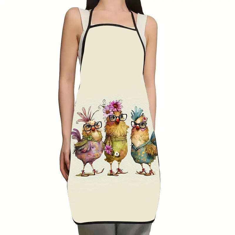 Funny Chicken Pattern Kitchen Apron - Linen Woven Adjustable Apron with Waterproof Cartoon Graffiti Design for Couples Cooking BBQ and Baking - Cute Novelty Apron Gift