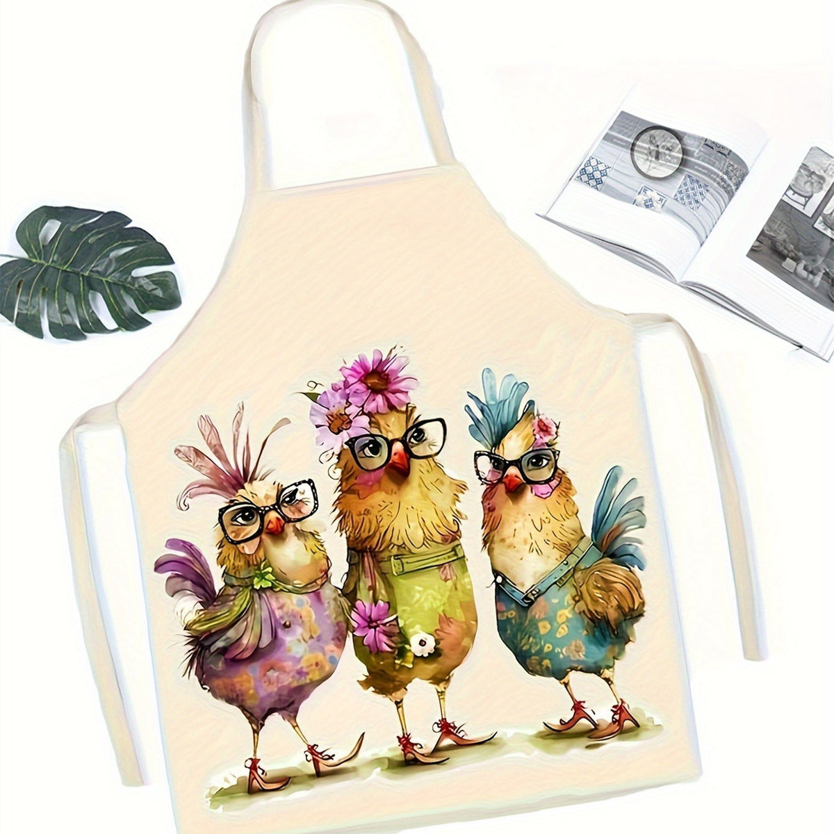 Funny Chicken Pattern Kitchen Apron - Linen Woven Adjustable Apron with Waterproof Cartoon Graffiti Design for Couples Cooking BBQ and Baking - Cute Novelty Apron Gift