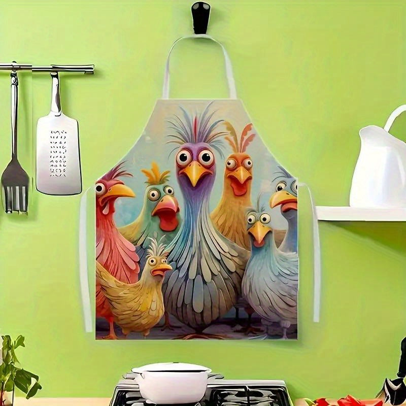 Funny Chicken Pattern Kitchen Apron - Linen Woven Adjustable Apron with Waterproof Cartoon Graffiti Design for Couples Cooking BBQ and Baking - Cute Novelty Apron Gift