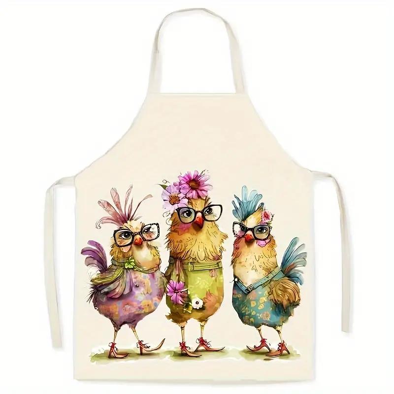 Funny Chicken Pattern Kitchen Apron - Linen Woven Adjustable Apron with Waterproof Cartoon Graffiti Design for Couples Cooking BBQ and Baking - Cute Novelty Apron Gift