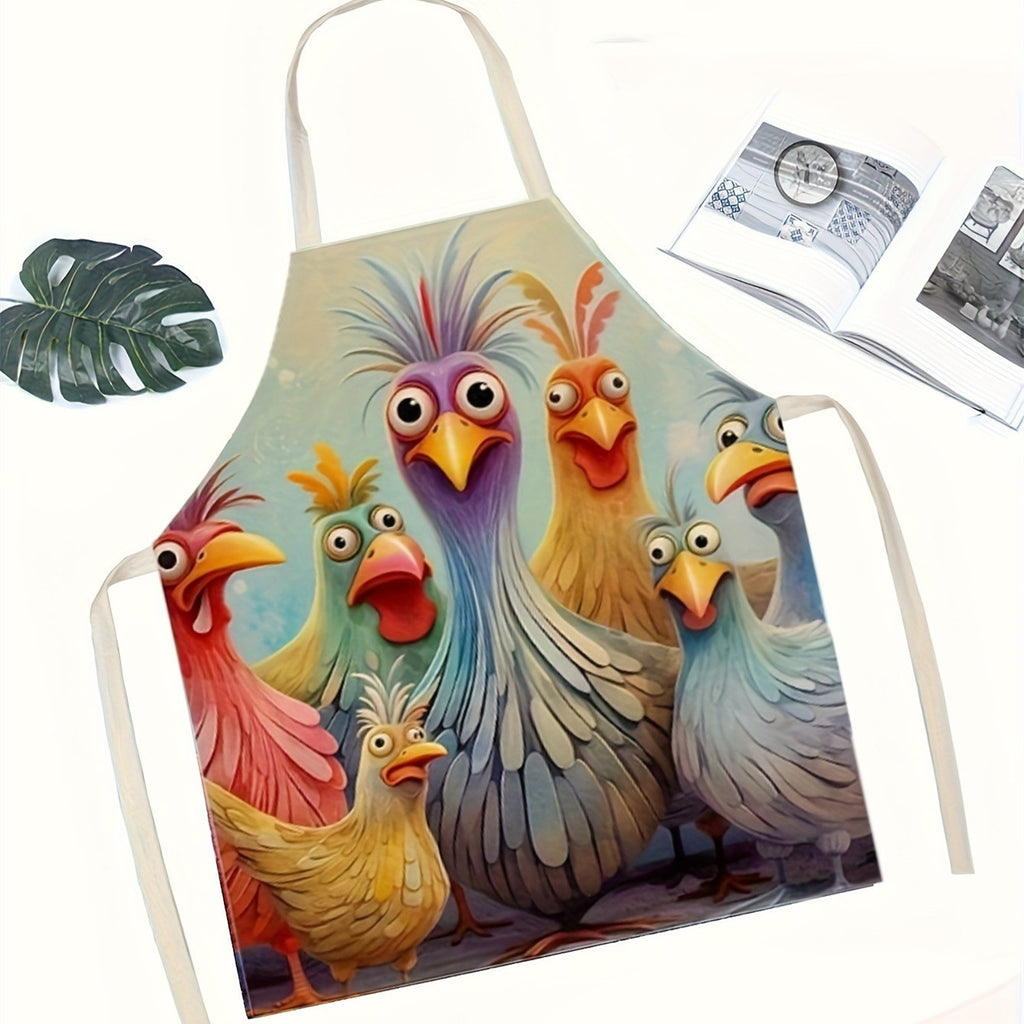 Funny Chicken Pattern Kitchen Apron - Linen Woven Adjustable Apron with Waterproof Cartoon Graffiti Design for Couples Cooking BBQ and Baking - Cute Novelty Apron Gift