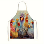 Funny Chicken Pattern Kitchen Apron - Linen Woven Adjustable Apron with Waterproof Cartoon Graffiti Design for Couples Cooking BBQ and Baking - Cute Novelty Apron Gift