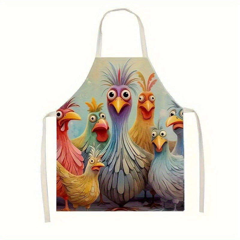 Funny Chicken Pattern Kitchen Apron - Linen Woven Adjustable Apron with Waterproof Cartoon Graffiti Design for Couples Cooking BBQ and Baking - Cute Novelty Apron Gift