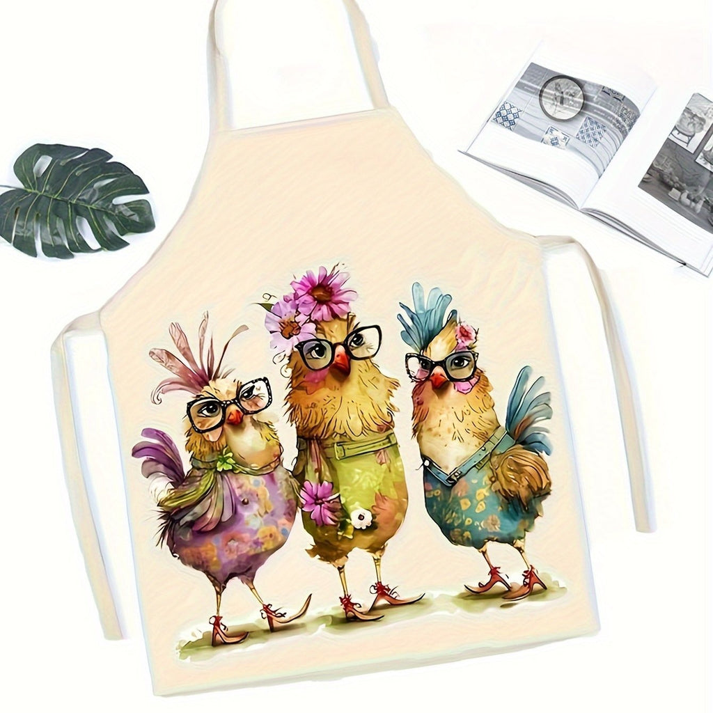 Funny Chicken Pattern Kitchen Apron - Linen Woven Adjustable Apron with Waterproof Cartoon Graffiti Design for Couples Cooking BBQ and Baking - Cute Novelty Apron Gift
