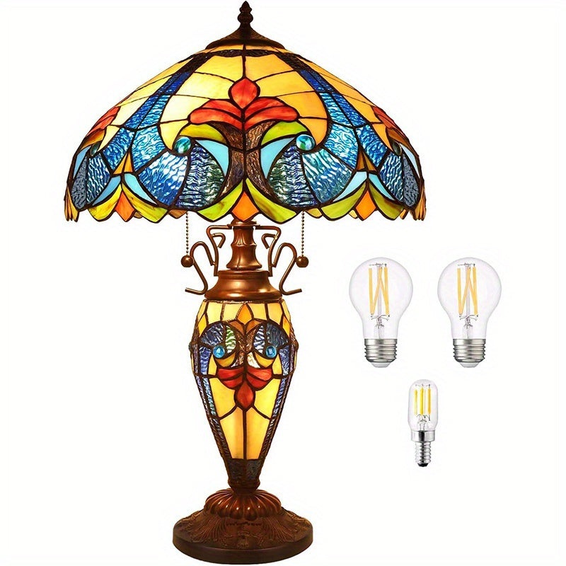 Stained Glass Table Lamp 16x16x24 Inches – Modern American-Inspired Design with 3 Warm White 2700K LED Bulbs, Elegant Bedside & Living Room Reading Lamp | Year-Round Home Decor