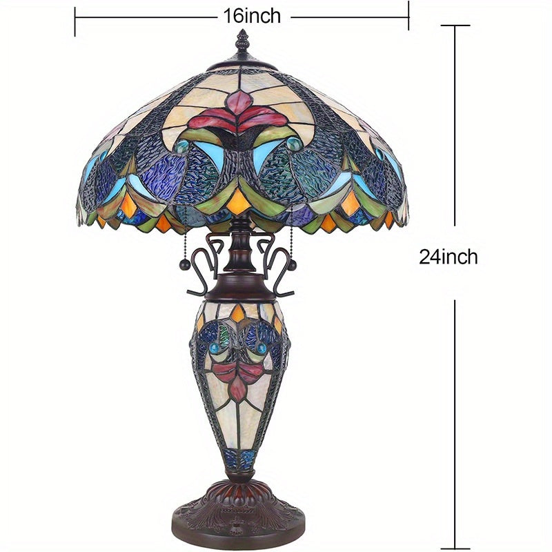 Stained Glass Table Lamp 16x16x24 Inches – Modern American-Inspired Design with 3 Warm White 2700K LED Bulbs, Elegant Bedside & Living Room Reading Lamp | Year-Round Home Decor