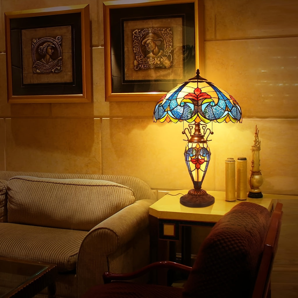 Stained Glass Table Lamp 16x16x24 Inches – Modern American-Inspired Design with 3 Warm White 2700K LED Bulbs, Elegant Bedside & Living Room Reading Lamp | Year-Round Home Decor