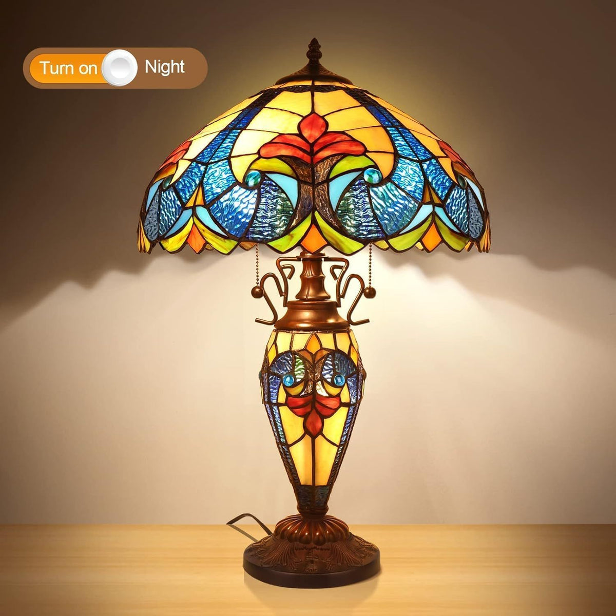 Stained Glass Table Lamp 16x16x24 Inches – Modern American-Inspired Design with 3 Warm White 2700K LED Bulbs, Elegant Bedside & Living Room Reading Lamp | Year-Round Home Decor