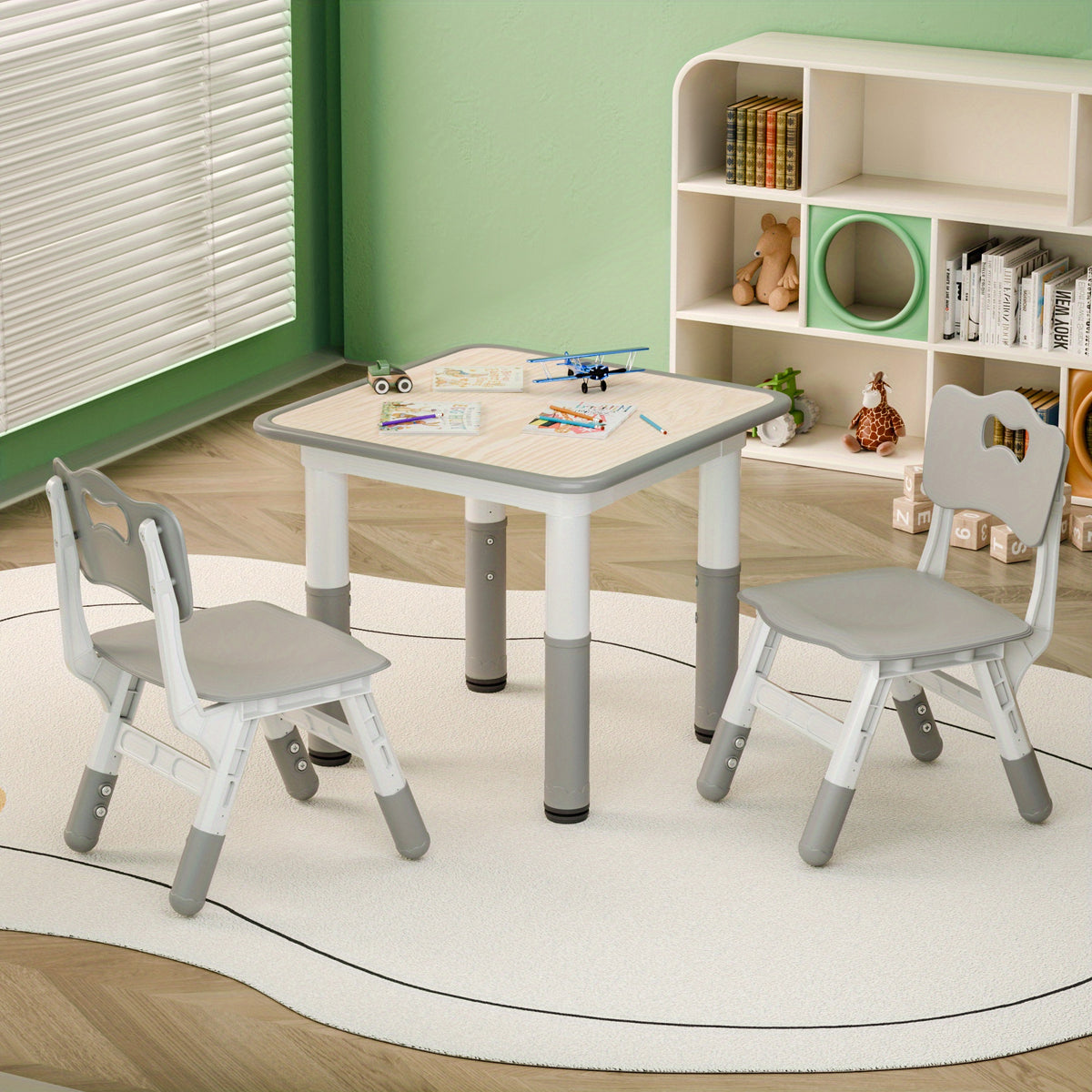 Kids Table and Chair Set 3 Piece Toddler Furniture Set Height Adjustable Table 2 Wooden Chairs Easy Clean Classroom Bedroom Playroom Gray Wood