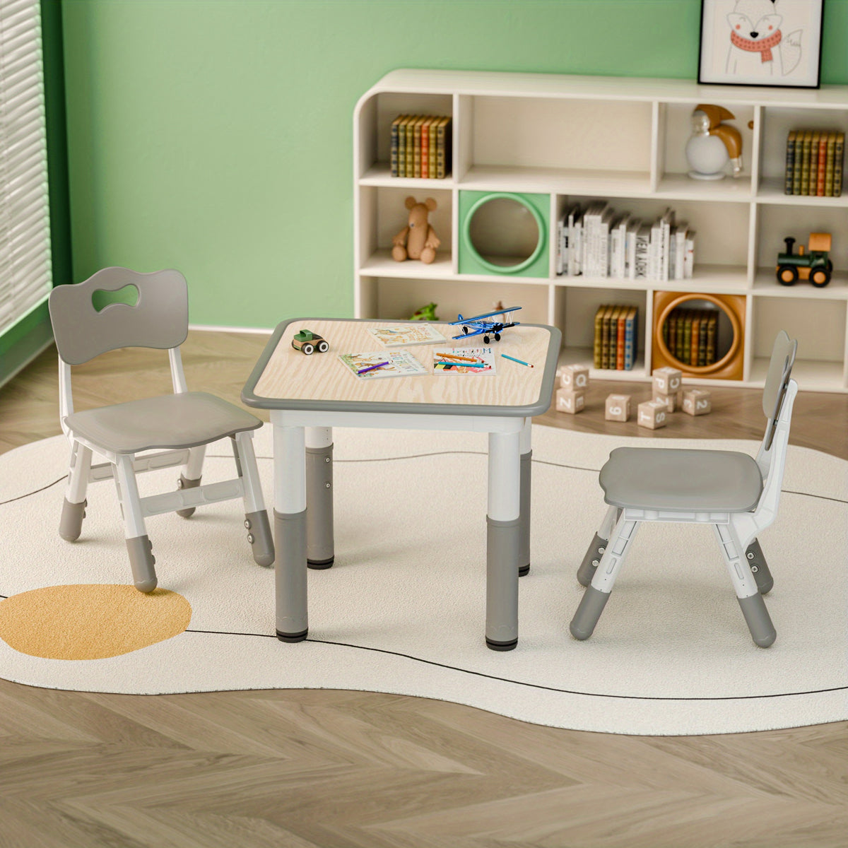 Kids Table and Chair Set 3 Piece Toddler Furniture Set Height Adjustable Table 2 Wooden Chairs Easy Clean Classroom Bedroom Playroom Gray Wood
