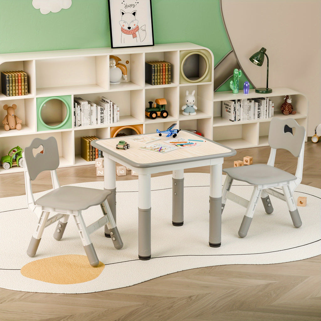 Kids Table and Chair Set 3 Piece Toddler Furniture Set Height Adjustable Table 2 Wooden Chairs Easy Clean Classroom Bedroom Playroom Gray Wood