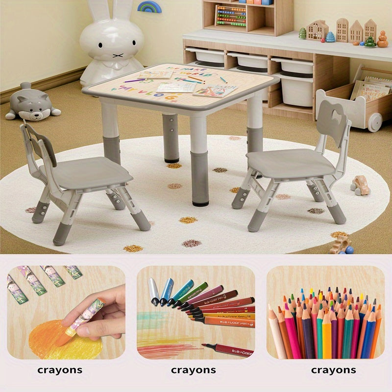 Kids Table and Chair Set 3 Piece Toddler Furniture Set Height Adjustable Table 2 Wooden Chairs Easy Clean Classroom Bedroom Playroom Gray Wood