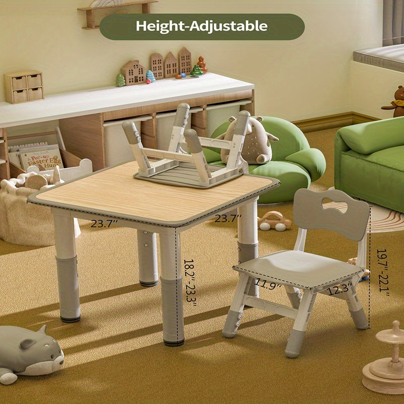 Kids Table and Chair Set 3 Piece Toddler Furniture Set Height Adjustable Table 2 Wooden Chairs Easy Clean Classroom Bedroom Playroom Gray Wood