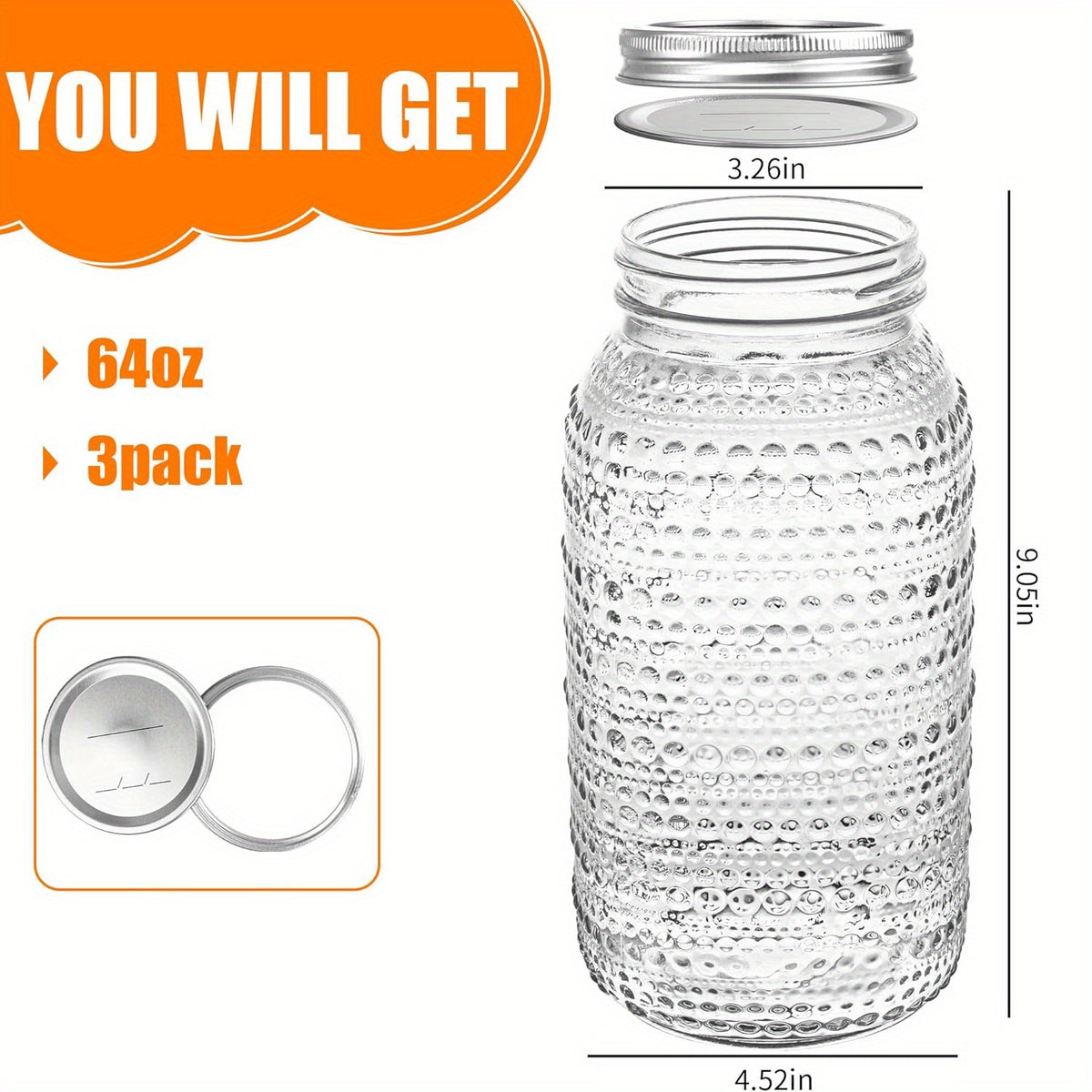 64oz Wide Mouth Mason Jars with Lids – 3 Pack Large Glass Canning Jars for Food Storage, Meal Prep, Pickling, Jam, Salad & Centerpieces, Airtight Seal, Dishwasher Safe