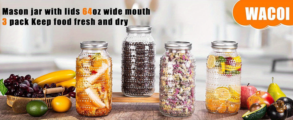64oz Wide Mouth Mason Jars with Lids – 3 Pack Large Glass Canning Jars for Food Storage, Meal Prep, Pickling, Jam, Salad & Centerpieces, Airtight Seal, Dishwasher Safe