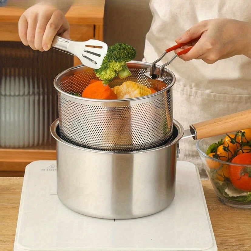 Stainless Steel Cookware Set 5-Piece with Frying Basket & Glass Lid – Non-Stick Frying Pan, Deep Fryer, Pasta Pot, Milk Saucepan & Food Steamer | Induction & Gas Compatible
