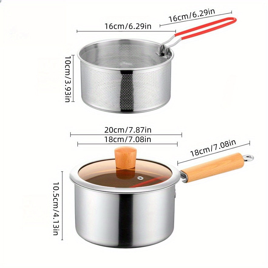 Stainless Steel Cookware Set 5-Piece with Frying Basket & Glass Lid – Non-Stick Frying Pan, Deep Fryer, Pasta Pot, Milk Saucepan & Food Steamer | Induction & Gas Compatible