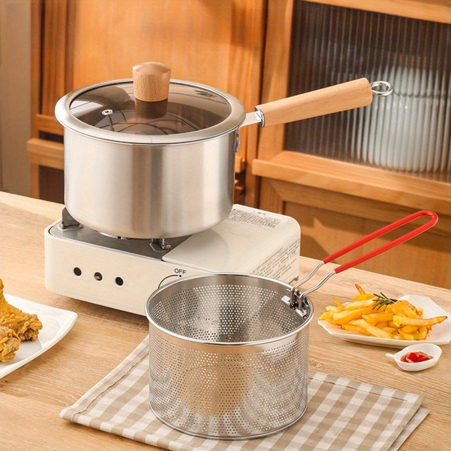 Stainless Steel Cookware Set 5-Piece with Frying Basket & Glass Lid – Non-Stick Frying Pan, Deep Fryer, Pasta Pot, Milk Saucepan & Food Steamer | Induction & Gas Compatible