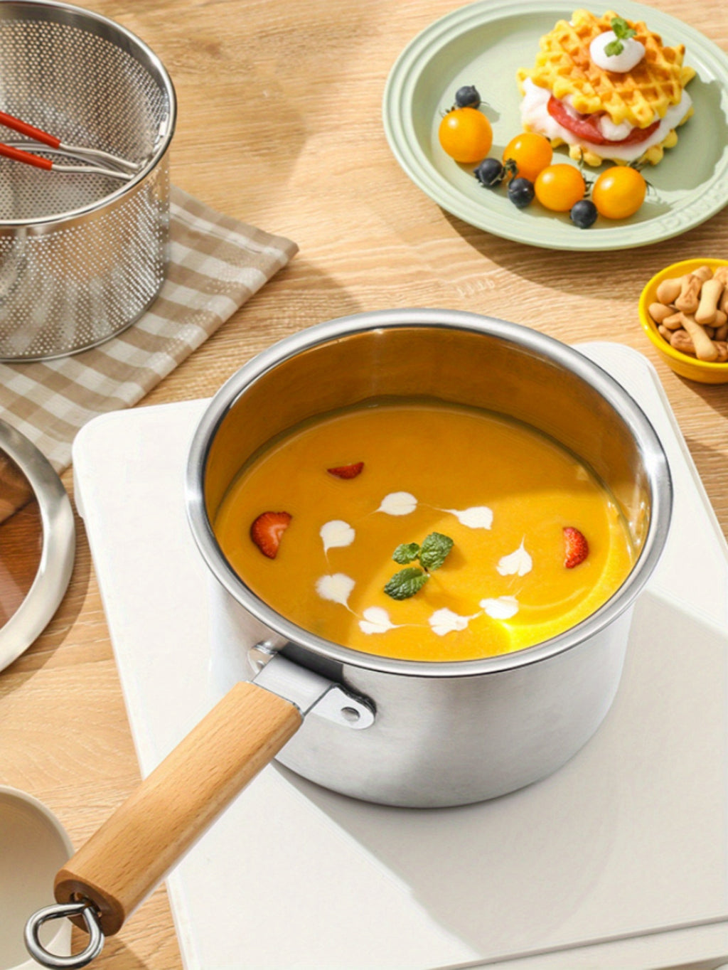 Stainless Steel Cookware Set 5-Piece with Frying Basket & Glass Lid – Non-Stick Frying Pan, Deep Fryer, Pasta Pot, Milk Saucepan & Food Steamer | Induction & Gas Compatible