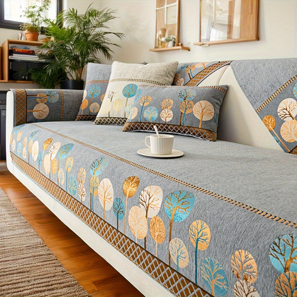 Bohemian Embroidered Sofa Cushion Cover Geometric Tree Leaf Design Pet Friendly Elegant Blue Gold for Living Room Bedroom Office All Sofa Sizes
