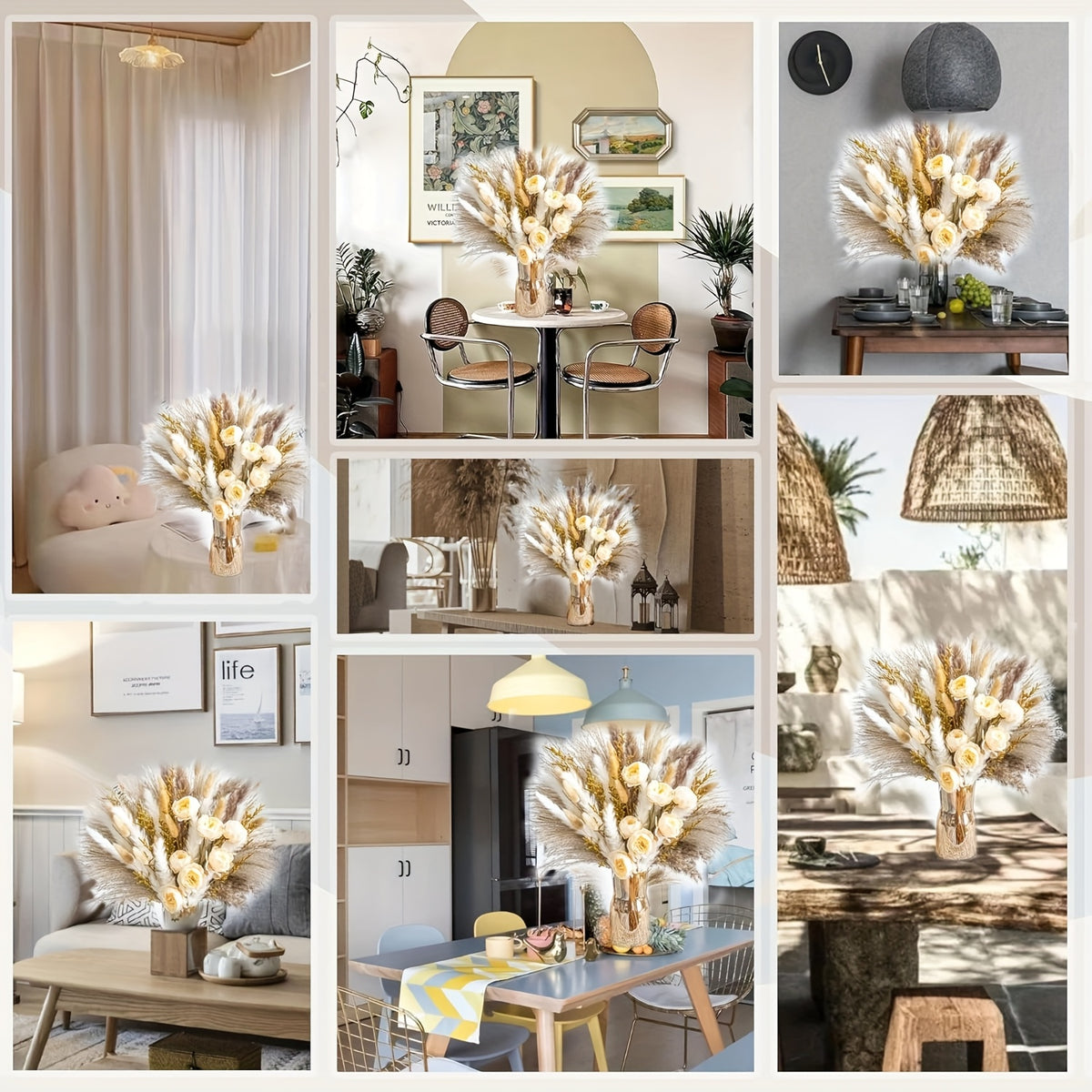 Dried Pampas Grass Bouquet with Artificial White & Beige Roses – 51 or 91 Piece Large Boho Floral Arrangement for Wedding, Home & Farmhouse Centerpiece, Rustic Table Decor (No Vase Included)