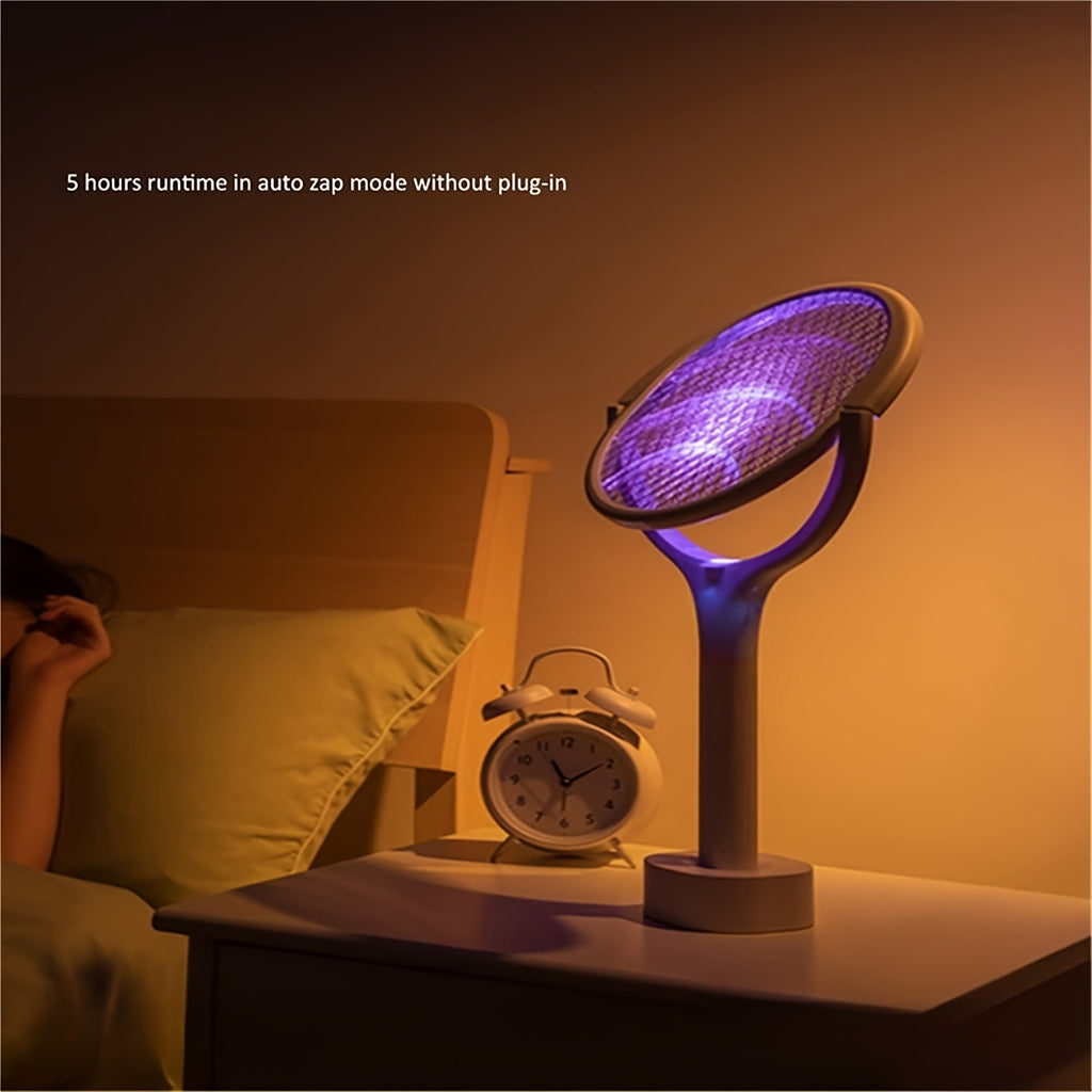 6-in-1 Electric Mosquito Swatter Bug Zapper Racket USB Rechargeable Telescopic Pole 90° Rotating Grid Wall Mount 3-Layer Safety Net UV Light for Indoor Outdoor Camping Patio