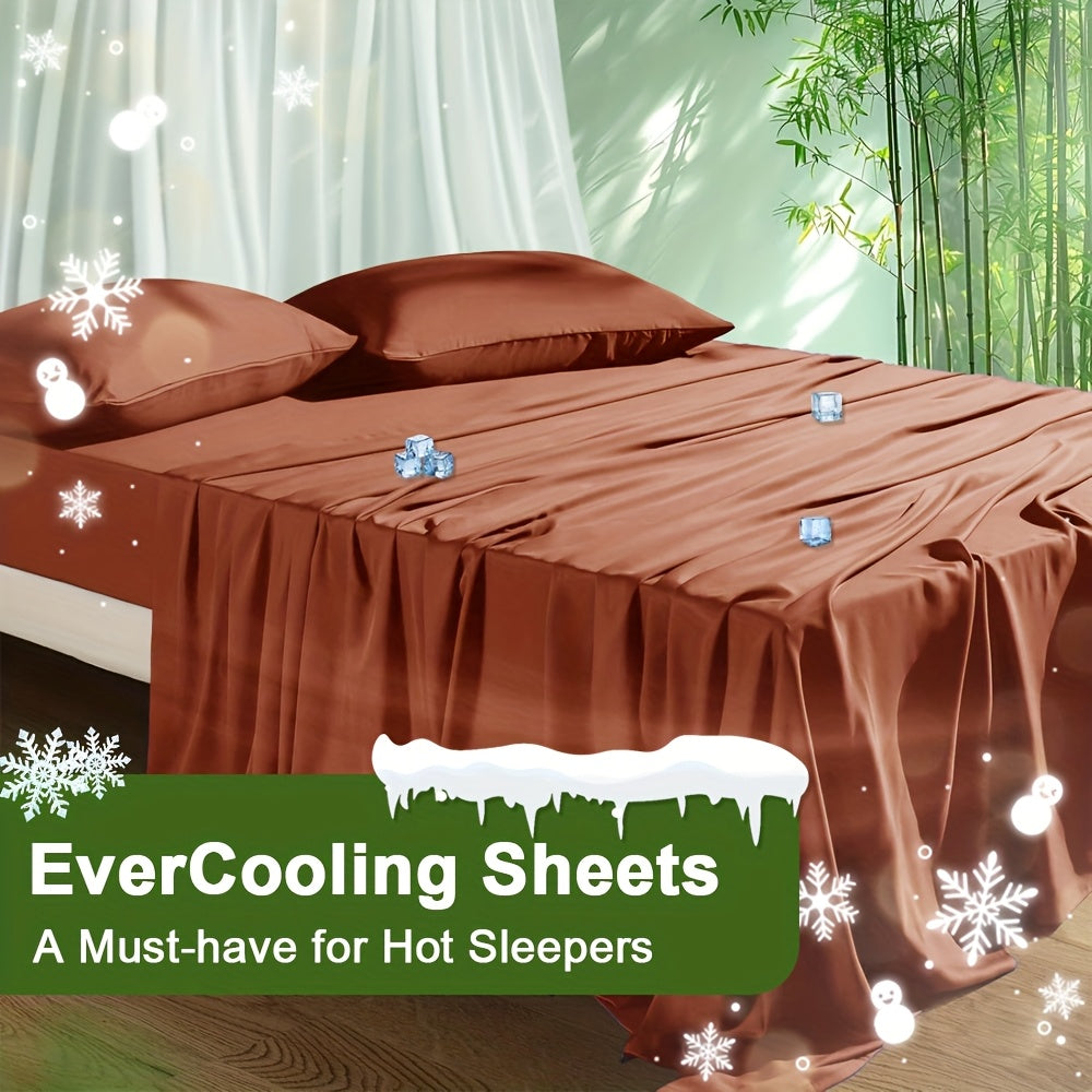 Cooling Bamboo Bed Sheet Set 4-Piece - Soft Lightweight Breathable Deep Pocket 16" Fitted Sheet, Flat Sheet & 2 Pillowcases, Machine Washable Summer Bedding, Twin Full Queen King, 12 Colors