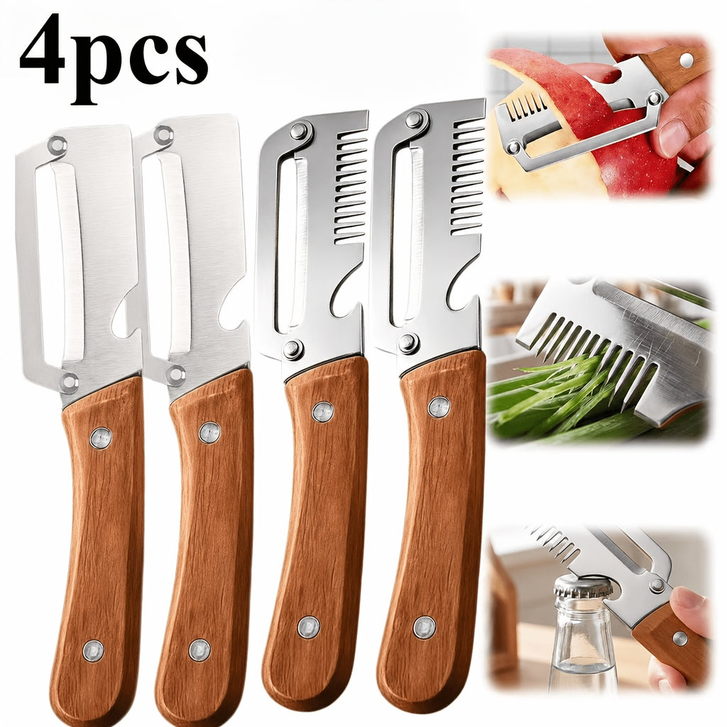 Vegetable Peeler Set 4-Piece Wooden Handle Stainless Steel Wide Blade – 3-in-1 Peeler Shredder & Bottle Opener for Potato Carrot, Kitchen Camping Travel Holiday Banquet Tool